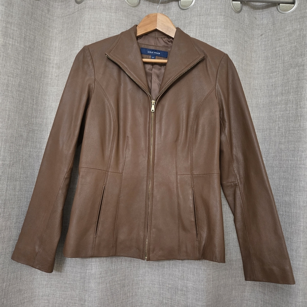 Cole Haan Chestnut Brown Leather Zip Jacket